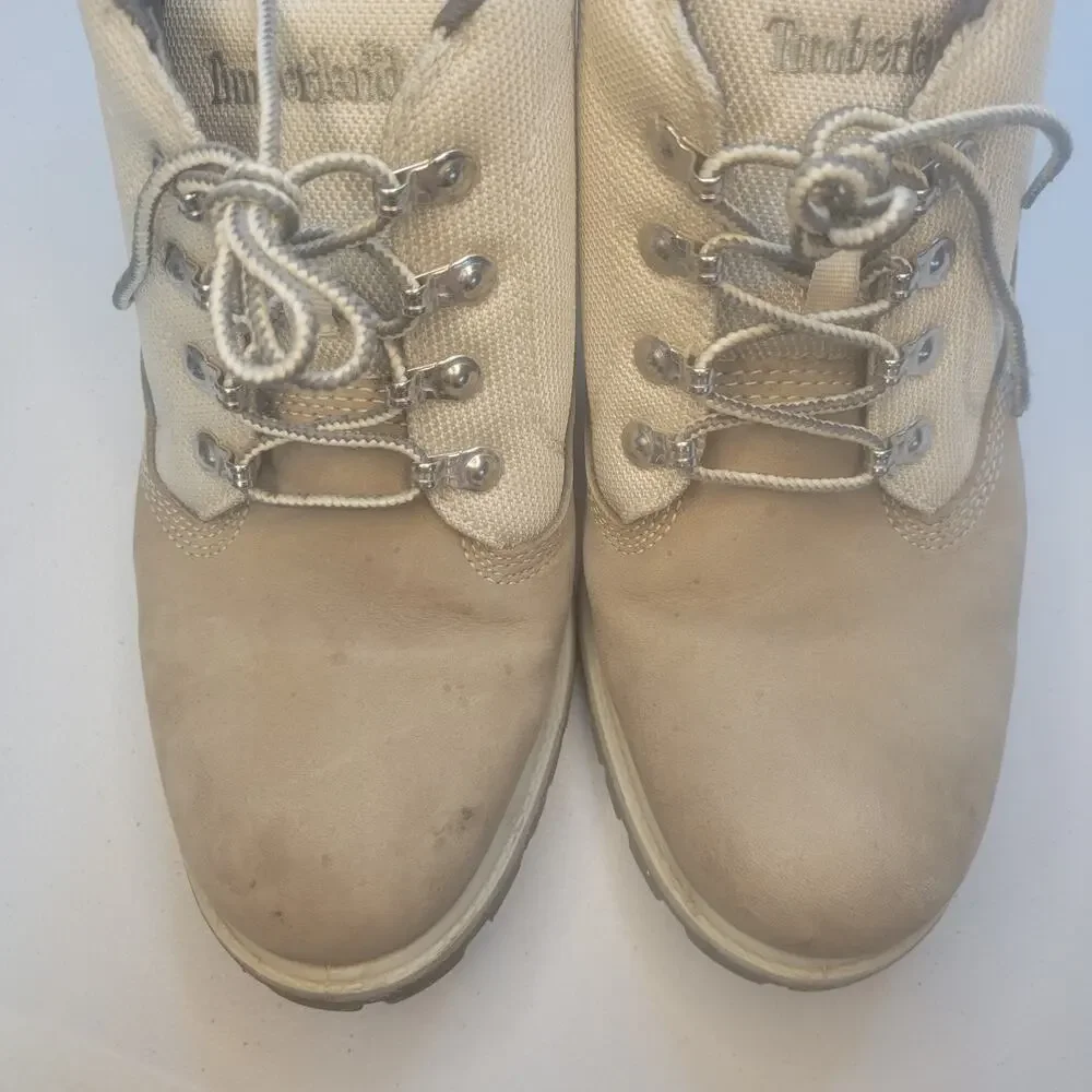 Timberland Men's Boots 8.5 Tan Nubuck Leather Canvas Chukka Trail Mid Lace
